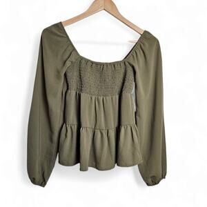 Lyn Burches Women's Olive Green Smocked Tiered Peplum Long Sleeve Y2K Top Sz XS